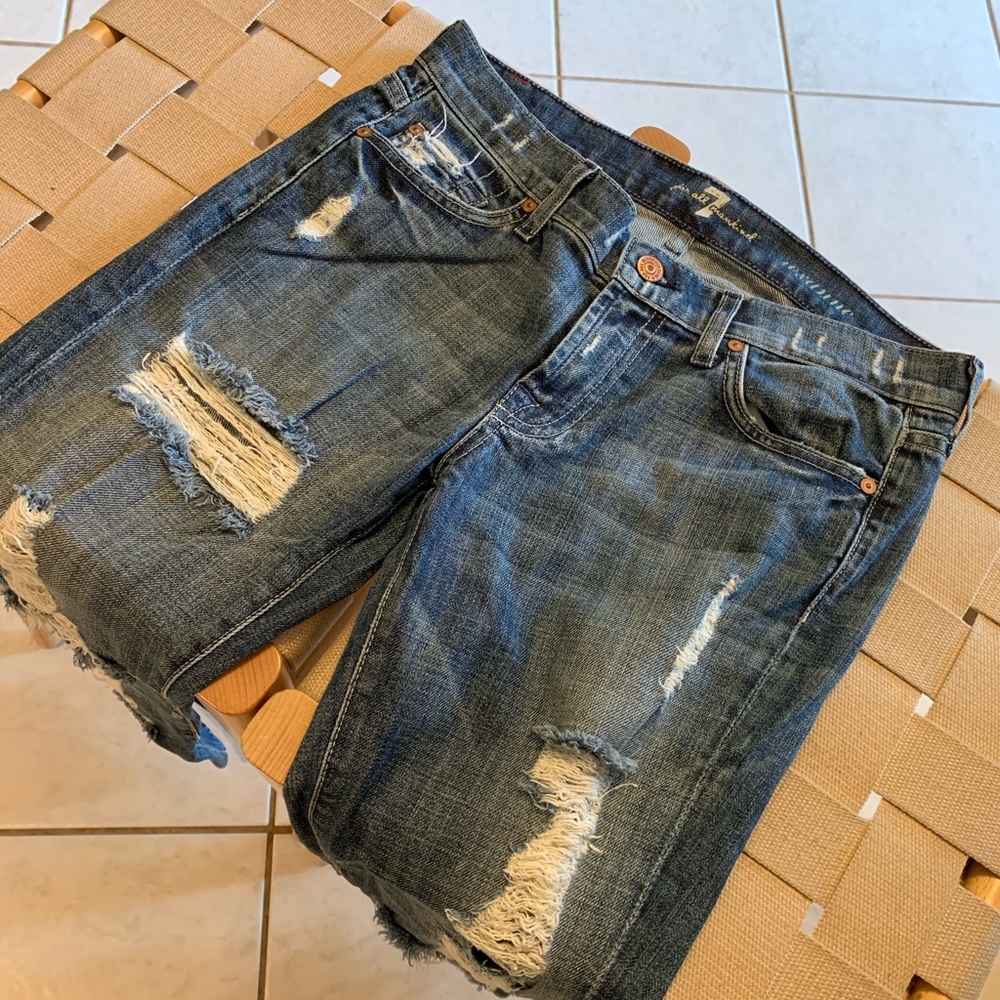 7 For All Mankind Blue Distressed Straight Leg Jeans